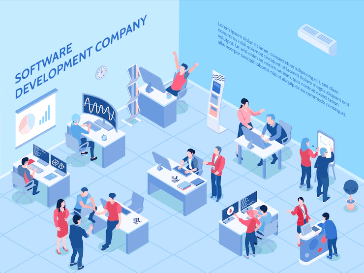 Vector Image of Office with Employees - Software Development Workflow