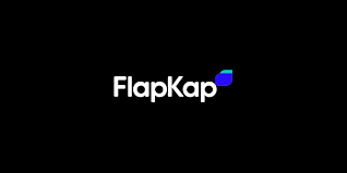 LOGO OF FLAPKAP A STARTUP COMPANY WITH BLUE LEAVE ON THE TOP OF THE WORD AND BLACK BACKGROUND