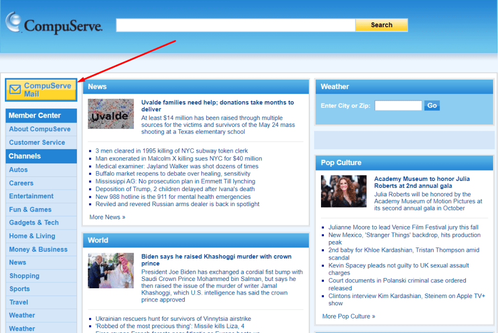 CompuServe HomePage (Pointing to Mail Login Button)